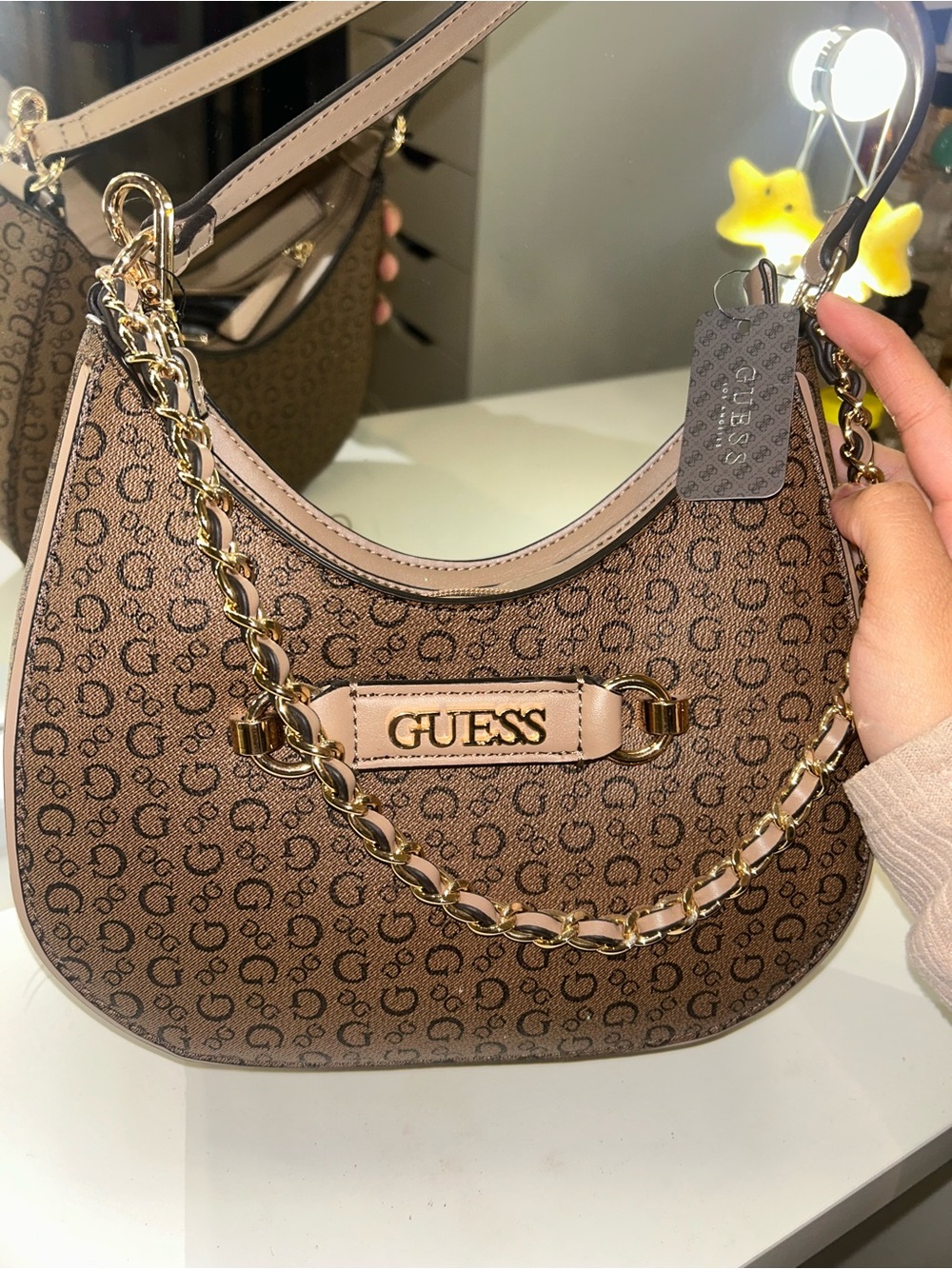 GUESS Brown Logo Chain Shoulder Bag with Gold Hardware
